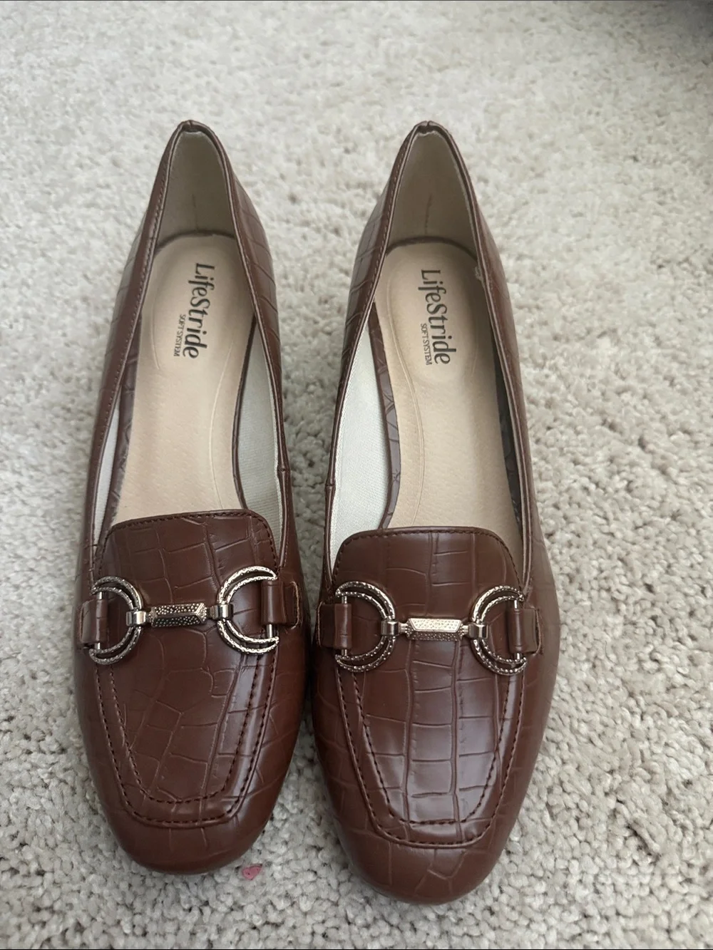Life Stride Brown Croc-Embossed Slip-On Loafers with Metallic Bit